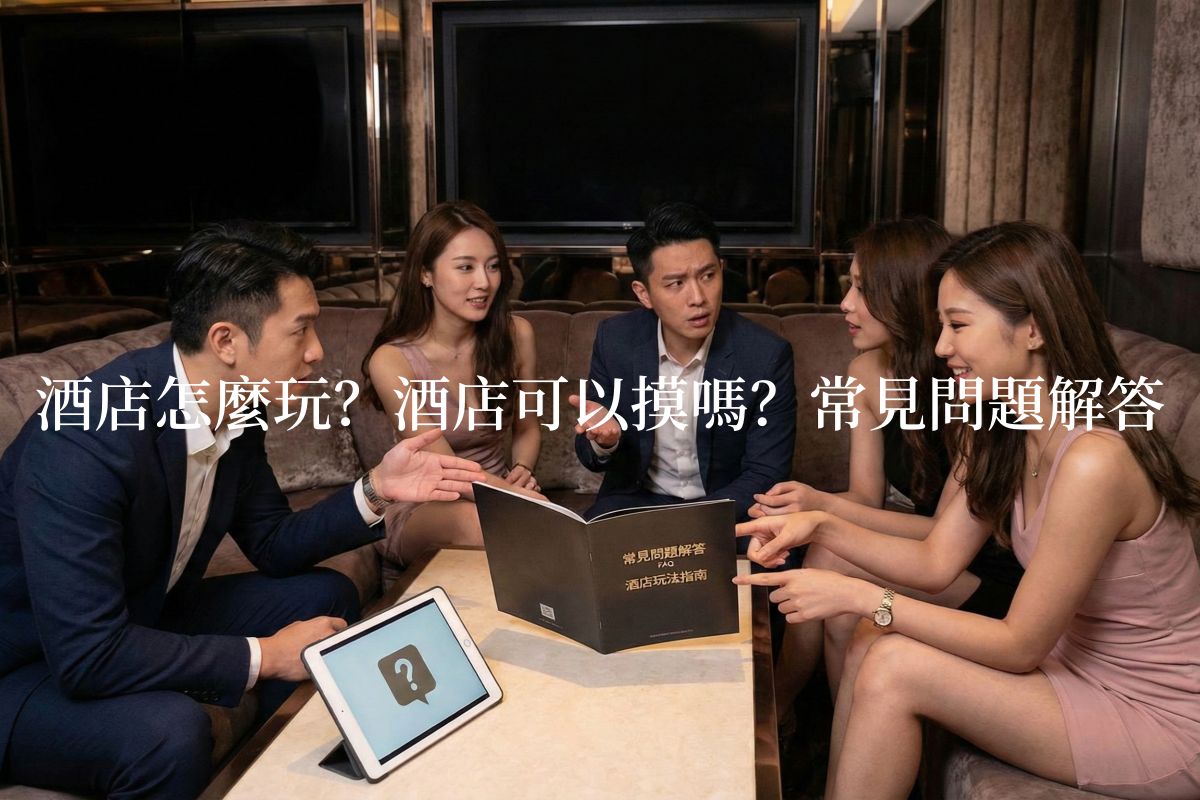 一張在燈光昏暗的豪華包廂內拍攝的照片，五位穿著商務休閒服的男女圍坐在大理石桌旁。他們正專注地看著一本標題為「常見問題解答 酒店玩法指南」的黑色小冊子，並比手畫腳地進行討論。其中一名男子表情疑惑地指著手冊，一名女子則微笑著指出某處。桌上還有一台顯示著巨大問號圖示的平板電腦。